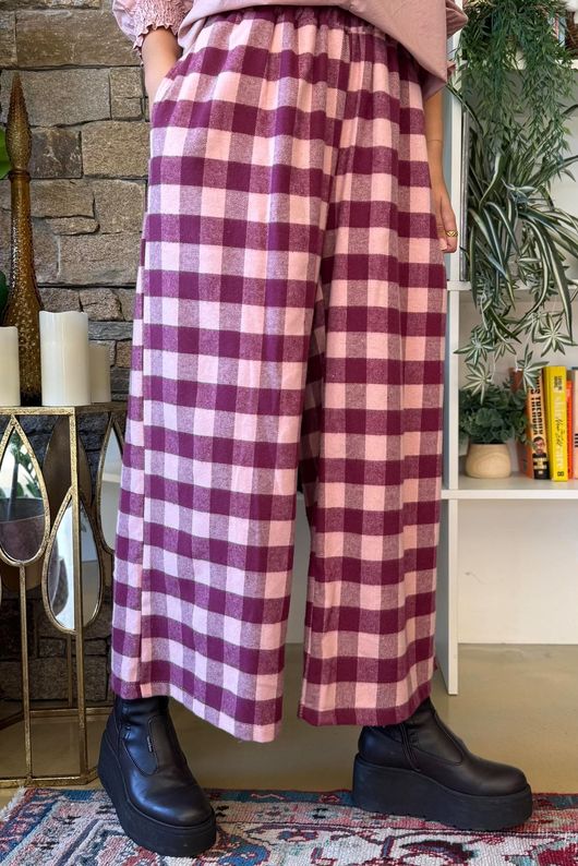 Nora Brushed Cotton Gingham Kick Pant Aubergine